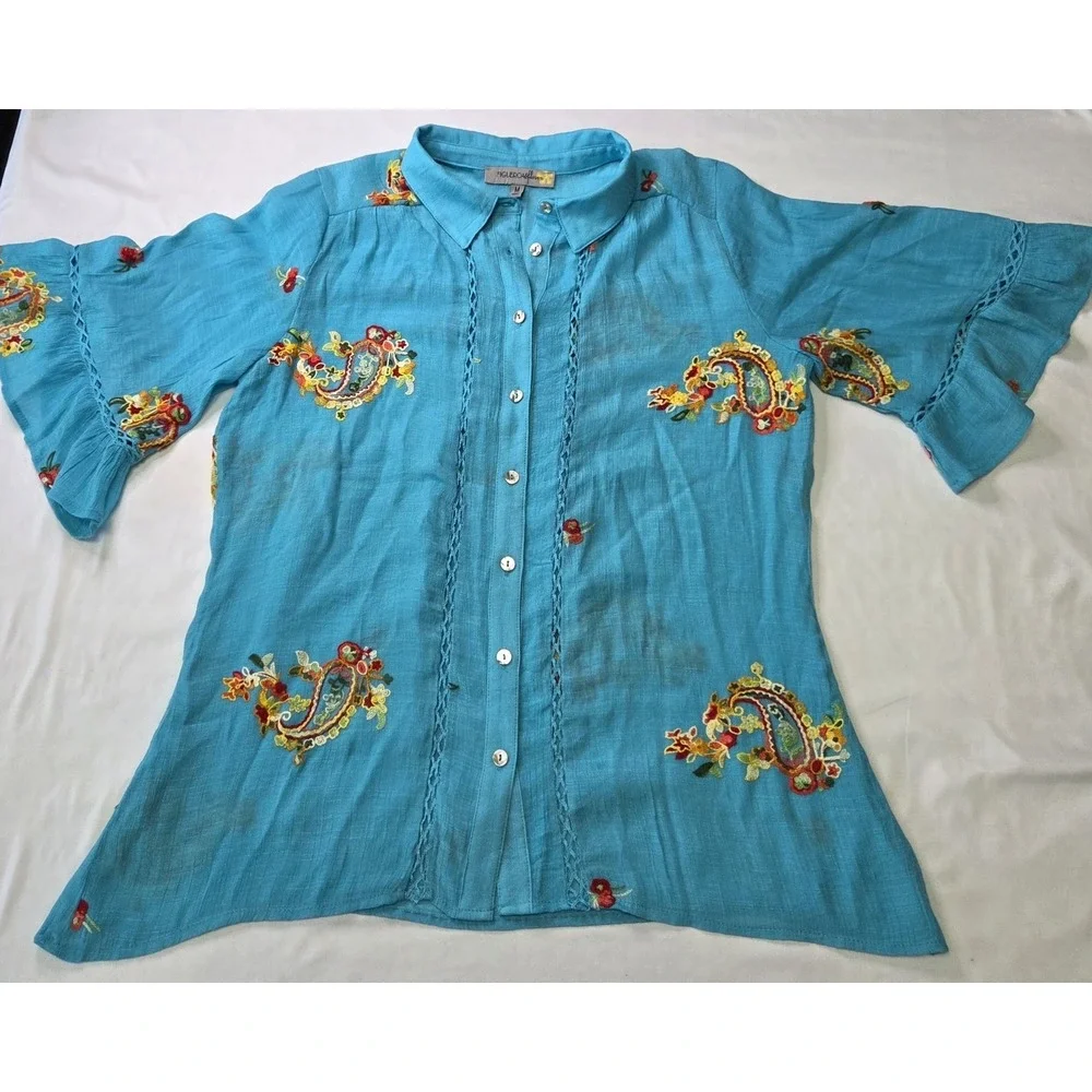 Figueroa & Flower Women Sz M Embroidered Peasant Blouse Boho Cottagecore Hippie - Picture 1 of 6